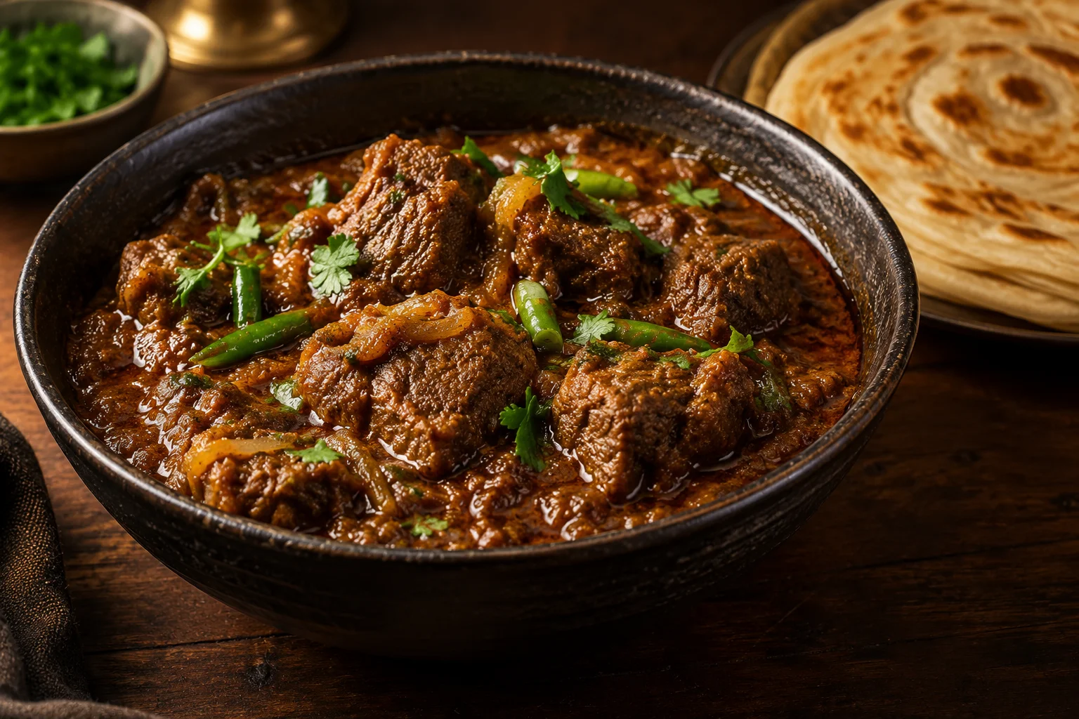 Slow-cooked Bangladeshi beef bhuna with paratha