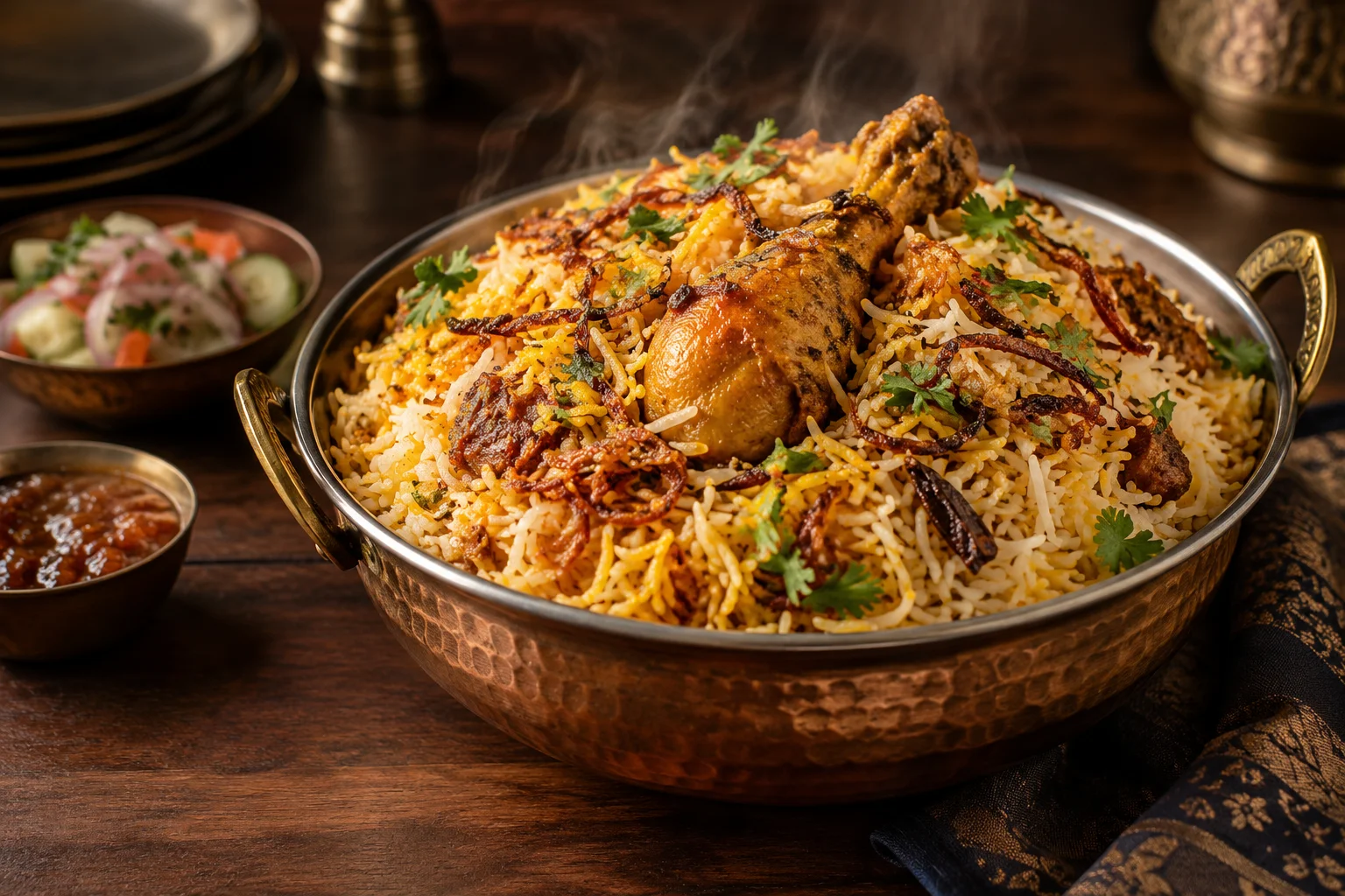 Bangladeshi chicken biryani with fragrant rice and fried onions