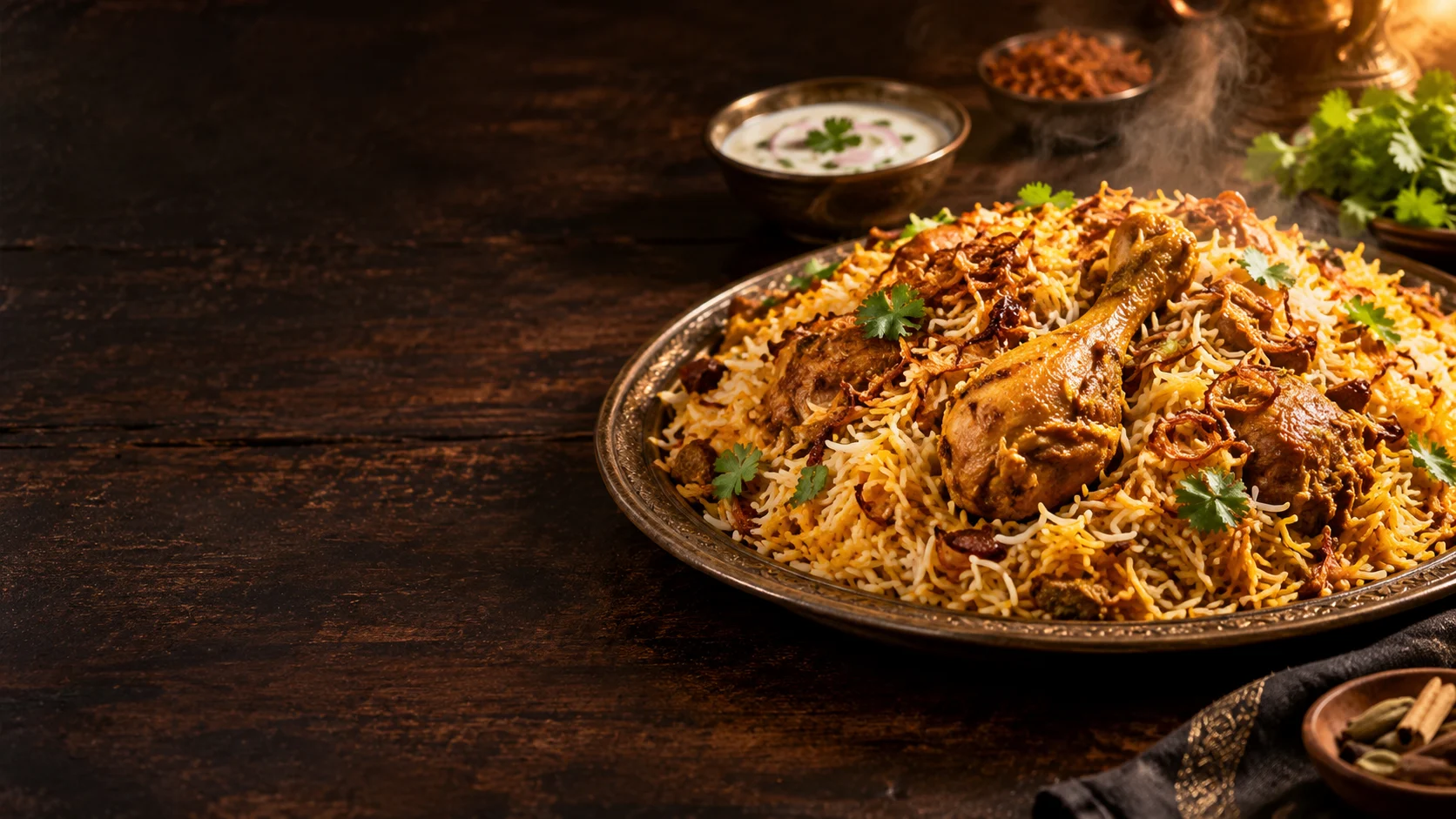 Chicken biryani with fragrant rice, fried onions and herbs