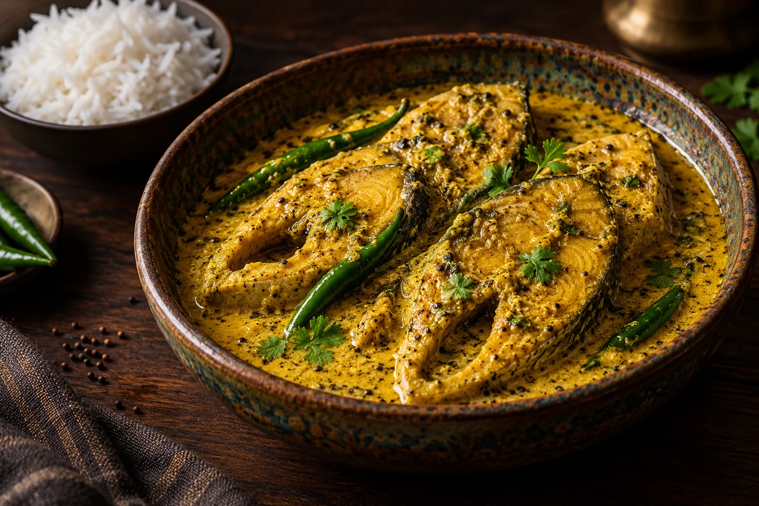 Hilsa fish in golden mustard sauce with green chilies